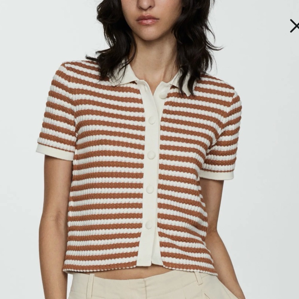 Mango Cream and Brown Striped Polo Knit Top